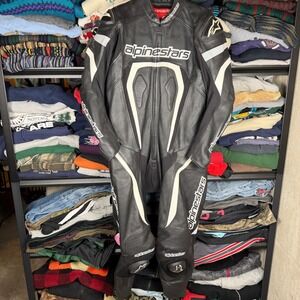 Alpinestars Mens Leather One Piece Motorcycle Racing Suit Black White Size 50/60